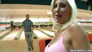 Naughty MILF Puma Swede seducing a guy in the bowling club