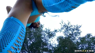 Juelz Ventura wearing sexy blue outfit demonstrating her tight ass outdoor