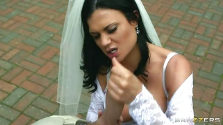 Horny bride Jasmine Jae gags herself on his giant dick outdoor
