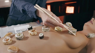 Tina Kay gets the sexy serving of sushi on her naked frame