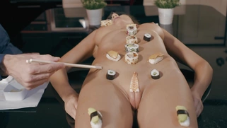Tina Kay gets the sexy serving of sushi on her naked frame