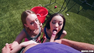 Daisy Stone and Scarlett Bloom suck cock and lick balls