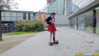 Pamela Sanchez riding the hover board with the dildo