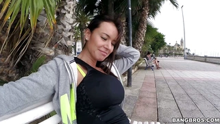 Franceska Jaimes in a leggings posing on the bench in public