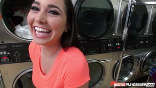 Busty brunette Karlee Grey strips in public while doing her laundry