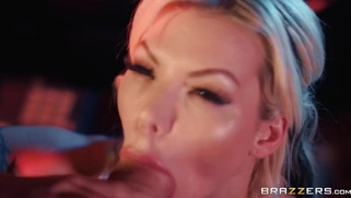 British hottie Barbie Sins is sucking the huge cock