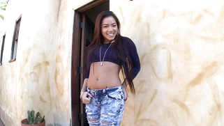 Asian cutie with a flawless body Morgan Lee posing outdoor