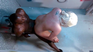 Filthy blonde Princess Paris enjoy interracial sex in a restroom
