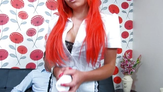 Sexy redhead secretary Billie Rai straddles her horny boss