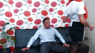 Sexy redhead secretary Billie Rai straddles her horny boss