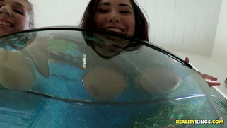 Busty girls Alex Chance and Karlee Grey wets their boobs in the aquarium