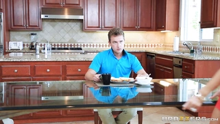 Helly Mae Hellfire gives her stepson a quick blowjob underneath the kitchen table