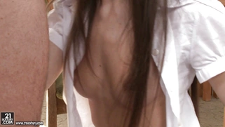 Shy schoolgirl Abrill Gerald is giving blowjob