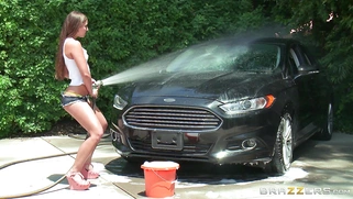 Amirah Adara in heels, tight shorts and a-shirt washing her ex's car