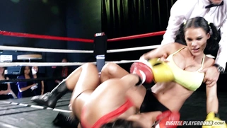 Two distraught fighters Eva Lovia and Peta Jensen suck referee's cock