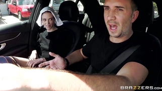 Hitchhiking nun Alexa Nova sucks Keiran's schlong while he drives
