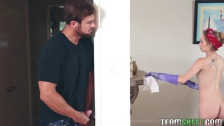 Angel Smalls gets paid to clean the house topless and touch his dick