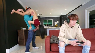 Kimmy Kim is sucking Tyler's cock as her BF is playing video games