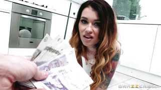 Danny D offers Misha Cross money to take off her clothing and clean naked