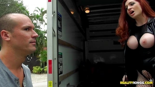 Veronica Vain unleashes her melons, standing in the back of moving truck