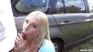 2Hungarian bitch Kyra Hot is sucking stranger's cock outdoor