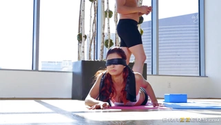 Yoga instructor Xander blindfolds his young student Jade Jantzen to enhance her experience