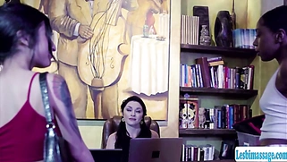 Busty brunette licked by two customer