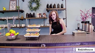 Busty stepmother licks stepdaughter in shop