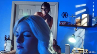 Romi Rain rides her student on her desk during the film