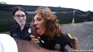 Cock hungry cops Lyla Lali and Norah Gold sucking giant black pole