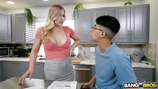 Daisy Diva is sucking her stepson's cock in the kitchen