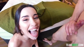 Aria Lee gets jizz load on her tongue