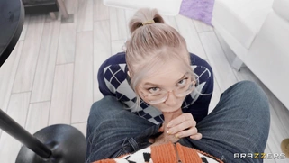 Blonde Kaiia Eve in glasses is sucking Van Wylde's cock