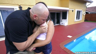 Nina Lopez sucks Jmac's fat dick by the pool