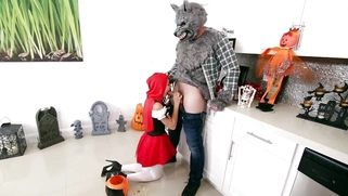 Little Red Riding Hood Kharlie Stone sucks and deepthroats grey wolf's big cock