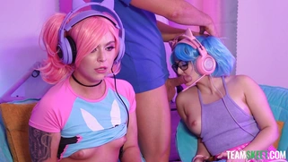 Leana Lovings and Krissy Knight play video games and suck cock