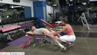 MILF Riley Jacobs is sucking Johnny Love's cock in the gym