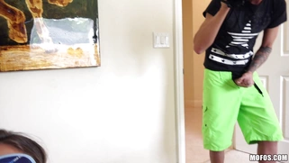 Layla London gives blowjob to lucky pricks