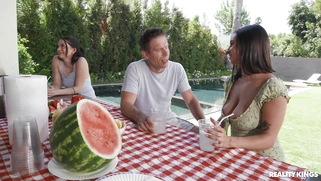 Hailey Rose gives blowjob to Mick Blue poolside