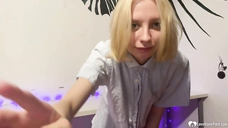 Cute blonde in socks playing with herself