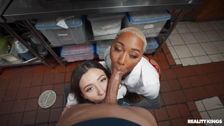 Thick Ass Daphne and Serena Hill are sucking cock in the kitchen