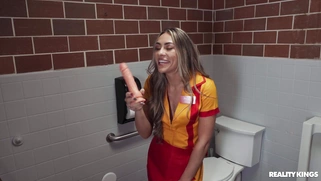 Mackenzie Mace is sucking dildo in the toilet