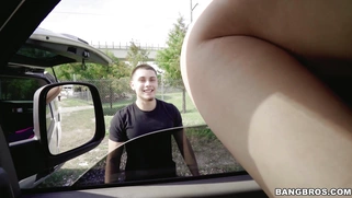 Abella Danger seduces the stranger, hanging her ass out of the window