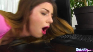 Stella Cox bends over the desk and gets her moist snatch slammed