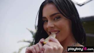 Big boobed naked babe selling lemonade