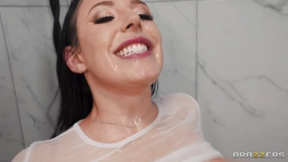 Busty Angela White rides black boner with her shaved pussy