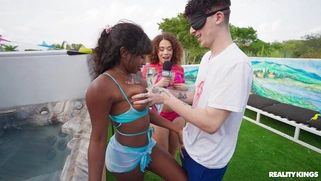 Ebony Amari Anne is sucking white dick poolside