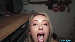 Ann Joy got jizz in her mouth after pussy fucking standing