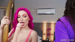 Lily Lou and Chloe Surreal are sucking the dildo