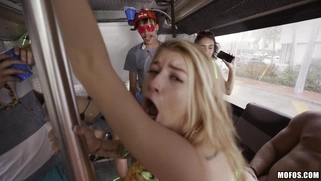Blonde Arya Fae gets pounded standing up in the bus